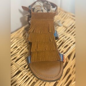 Minnetonka Brown Suede Sandal with Multi-Color Patterned Strap